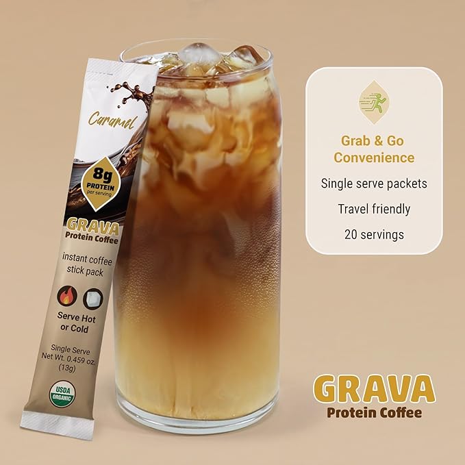 Grava Organic Plant Protein Coffee Sticks Caramel - 8g Plant Protein 80mg Caffeine - Monk Fruit Sweetener - USDA Organic Non-GMO &amp Fair Trade - Gluten Free &amp Vegan - Single Serve Packet 20