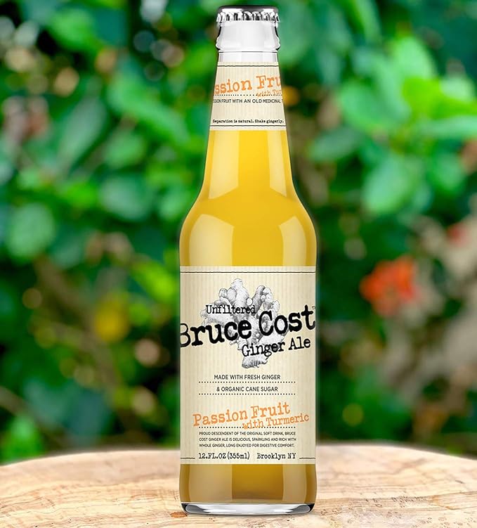 Bruce Cost - Unfiltered Ginger Ale - Passion Fruit with Turmeric - 12 oz (9 Glass Bottles)