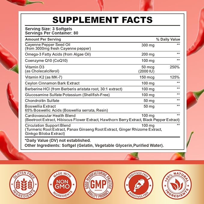 Cayenne Pepper Softgels Supplement Cayenne Pepper Capsules with VitaminD3+K2Berberine Q10 Omega-3 Turmeric Hawthorn Beetroot Supports Leg Vein Digestive &amp Heart Vessel Health 240 Softgel