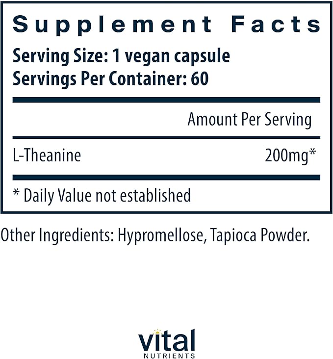 Vital Nutrients L-Theanine 200mg - Vegan Supplement - L Theanine Supplement Supports Normal Stress Levels and Cognitive Function* - Gluten Dairy and Soy Free - 60 Capsules