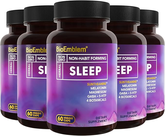 BioEmblem Natural Sleep Aid for Adults with Melatonin Valerian Root Suntheanine &amp More | Healthy Sleep Supplement | Herbal Sleeping Pills | 60 Capsules 5 Pack