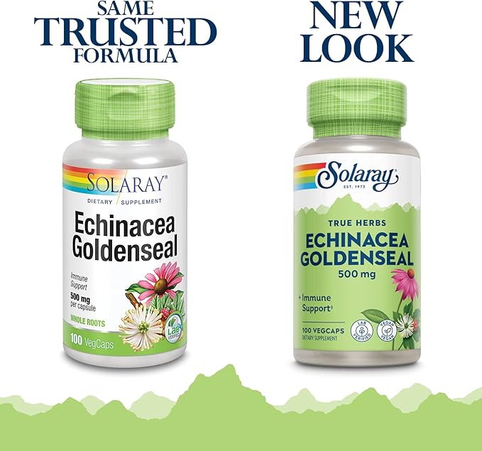 SOLARAY Echinacea Root &amp Goldenseal Root Supplement - 500 mg per Serving Non-GMO Vegan &amp Lab Verified - 100 Count VegCaps