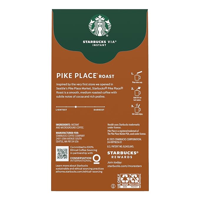 Starbucks VIA Instant Coffee Packets Single Serve Medium Roast Coffee Pike Place Roast 96 Packets