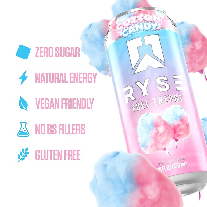 RYSE Fuel Energy Drink - Cotton Candy - Sugar Free Gluten Free &amp Vegan - 200mg Natural Caffeine Taurine &amp Choline for Focus &amp Energy - No Artificial Colors - 16 fl oz Cans (12-Pack)
