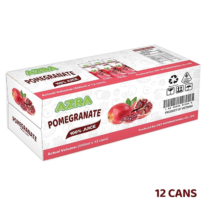 AZRA 100% Pomegranate Juice – 500ml Cans Healthy Drinks Variety Pack – Sugar Free Juice Pure Pomegranate Extract Beverages – Zero Sugar Drinks for Kids and Adults – 100% Juice 12 Pack