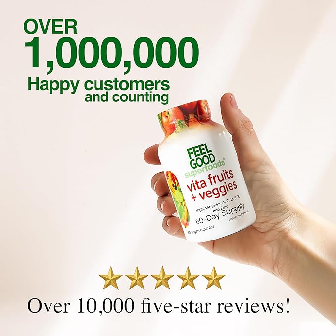 FeelGood Superfoods 1000mg Immune Support Capsules Made with 25 Organic Fruits and Vegetables Strong Immunity Boosters with Vitamins A C D3 and Zinc 60 Count