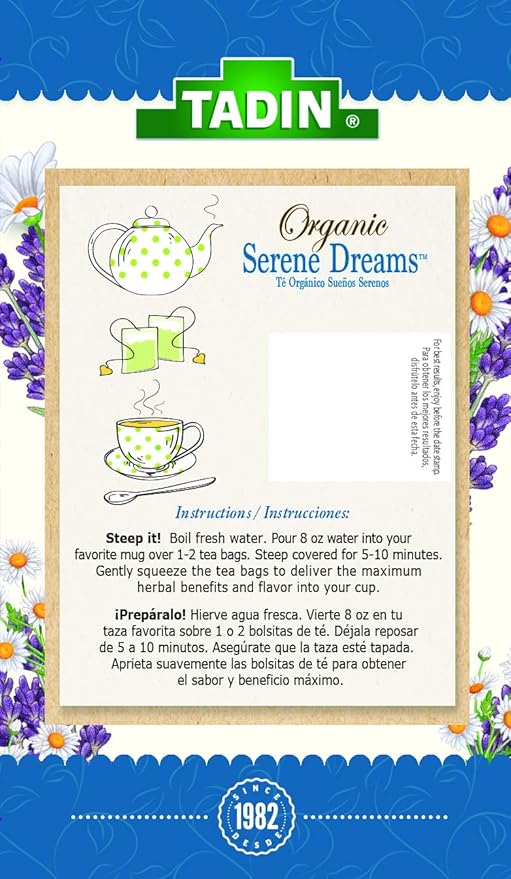 Tadin Organic Serene Dreams Tea Caffeine Free Herbal Tea to Support a Good Night's Rest 20 Tea Bags Per Box Pack of 6