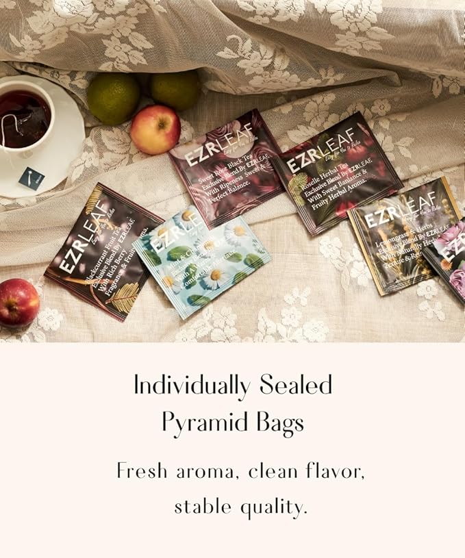 EZR Leaf Herbal &amp Fruit Tea Sampler Gift Box – 22 Pyramid Tea Bags with 9 Fruit &amp Floral Blends – Low &amp Caffeine Free Assortment for Relaxing Tea Lovers Lemon Verbena Lemongrass  Rooibos