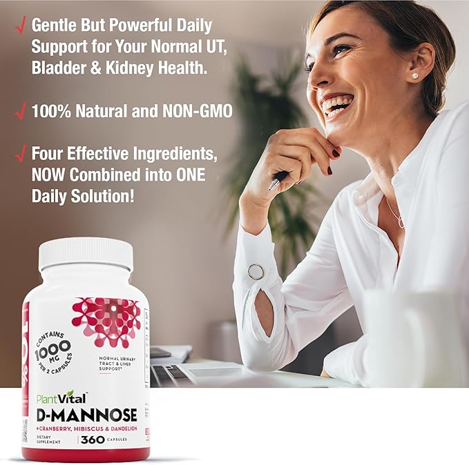 Plantvital D Mannose Capsules with Cranberry - D-mannose 1000mg Capsules - High Potency for Bladder Kidney and Urinary Tract Support. Cranberry Powder with Hibiscus and Dandelion. 6 Months Supply