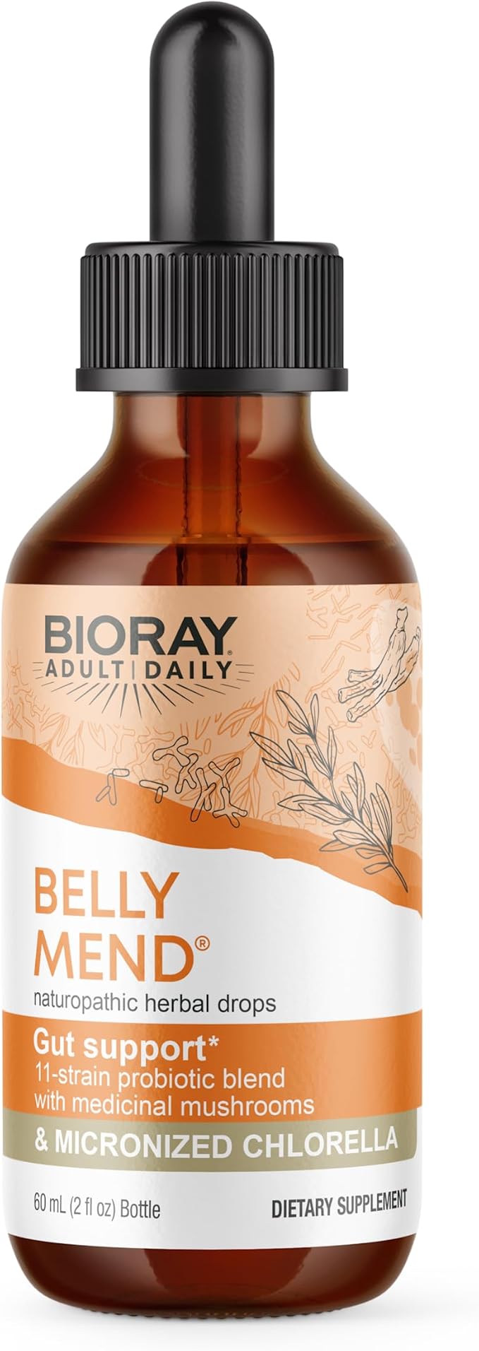 BIORAY Daily Belly Mend - 2 fl oz - 11-Strain Probiotic Blend with Medicinal Mushrooms - Supports Healthy Gut &amp Bowel Functions - Non-GMO Vegetarian Gluten Free
