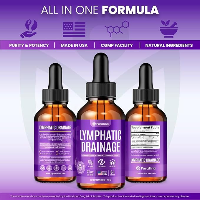 Organic Lymphatic Drainage Drops with Cleavers I Red Root I Burdock I Ginger I Dandelion I Soursop I Black Seed Oil I Ashwagandha Lymph System Support Detox - Liver Cleanse Supplement (1 Bottle)