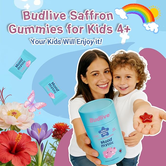 Saffron Gummies for Kids - Saffron Extract Supplement with GABA Calms Temper Tantrums Supports Happy Mood &amp Cognition Focus Calm Gummies for Kids 4+ Sugar Free Strawberry 90 Counts