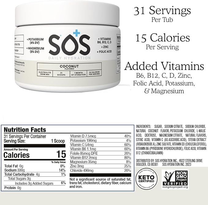 SOS Hydration Electrolyte Powder Drink Mix – Coconut 31 Servings | Low Sugar Electrolytes 15 Cal | Keto Hydration Powder for Rapid Rehydration