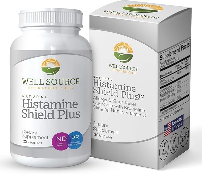 Histamine Shield Plus™ Natural Antihistamine Supplement for Adults Sinus &amp Allergy Relief for Pollen Pet Dander Dust Mold and Odors Quercetin with Bromelain &amp Stinging Nettle 120 Capsule