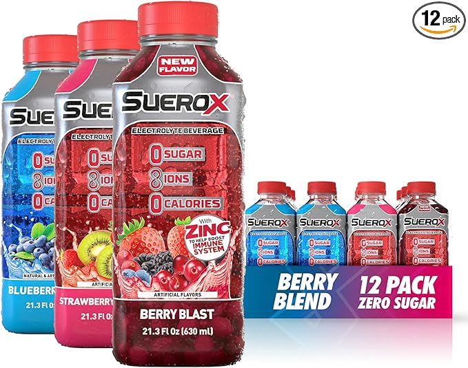SueroX Sugar-Free Sports Drink for Hydration and Recovery Electrolyte Hydration Drink with 8 Ions Zero Calorie Sports Drinks with Electrolytes Berry Blend Pack 21.3 Fl Oz 12 Count