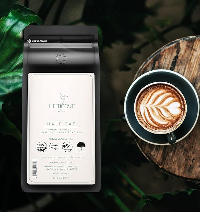 Lifeboost Half Caff Medium Roast Whole Bean Coffee - Low Acid Organic Coffee Non-GMO USDA Organic Single Origin Third-Party Tested for Mycotoxins &amp Pesticides - 12 oz Bag