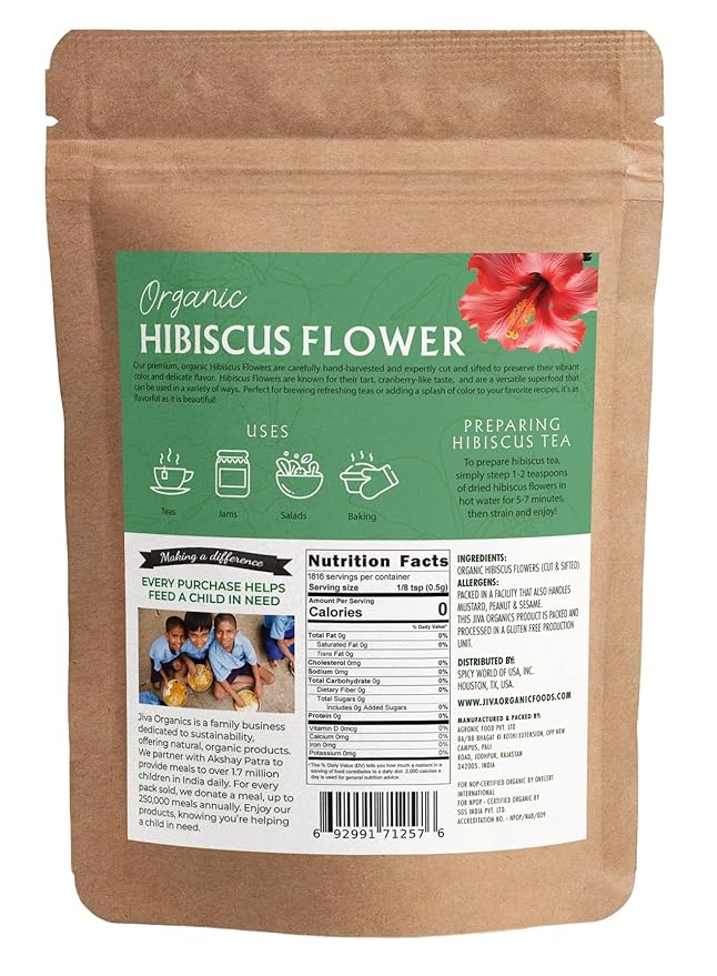 Organic Hibiscus Flowers 2 LB Jumbo Bulk Bag - 100% Pure Cut &amp Sifted Gluten Free Non GMO Non Irradiated Caffeine Free Perfect for Tea Blends Jams Baked Goods by Jiva Organics
