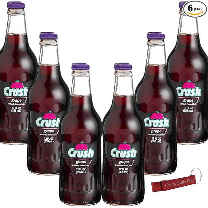 Crush Grape Soda | One of Crush’s Popular Soda Flavors | Real Cane Sugar | Caffeine Free | 12 oz Glass Bottles with Crazy Soda Pop Bottle Opener (6 Pack)