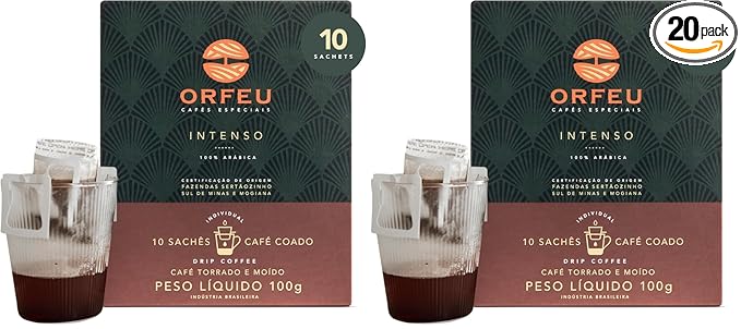 ORFEU - Special Coffee Intense - Drip Sachet - 100% Arabica Coffee Dark Roast Aroma of Toasted Caramel &amp Fruit Jam Low Acidity Made In Brazil Velvety Body - 10 Units 100g (Pack of 2)