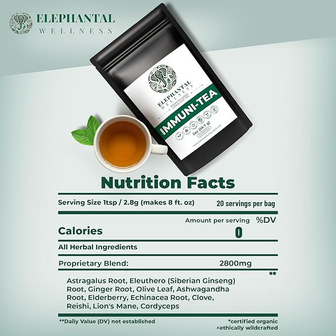 Elephantal Wellness Premium Immuni-Tea | Immune System &amp Respiratory Support with Reishi Clove Echinacea &amp Elderberry | Handmade Caffeine-Free Non-GMO Loose Leaf Blend 2oz 20 Servings