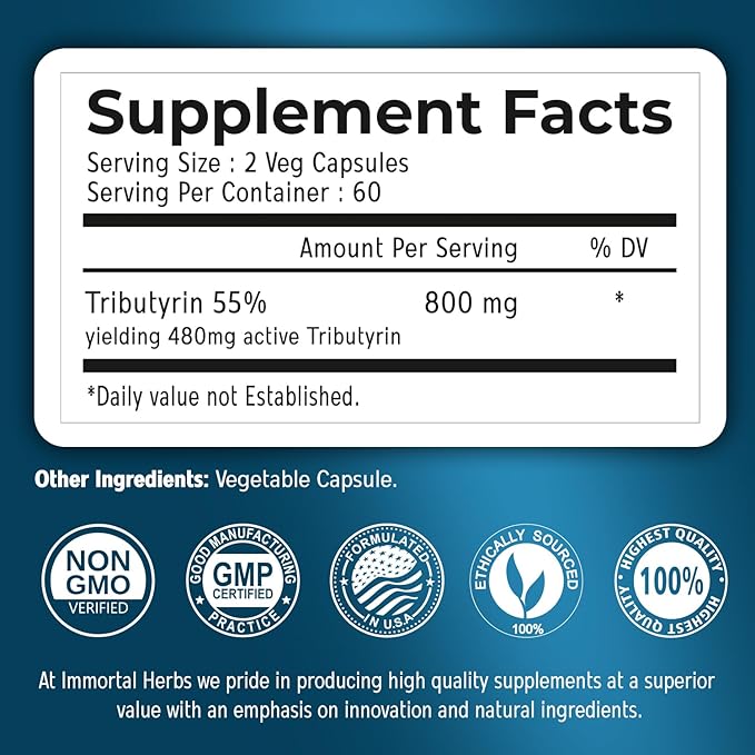 Tributyrin Supplement 800mg Advanced Butyrate Form 55% Standardized More Effective Delivery Than Sodium Butyrate 120 Capsules Non-GMO &amp Gluten Free Postbiotic Supplement
