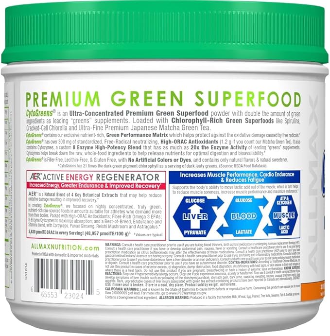ALLMAX Naturals CytoGreens Super Greens Powder Premium Green Superfood with Greens Superfoods Prebiotic &amp Enzymes Daily Greens Supplement Orange Vanilla - 315g 30 Servings