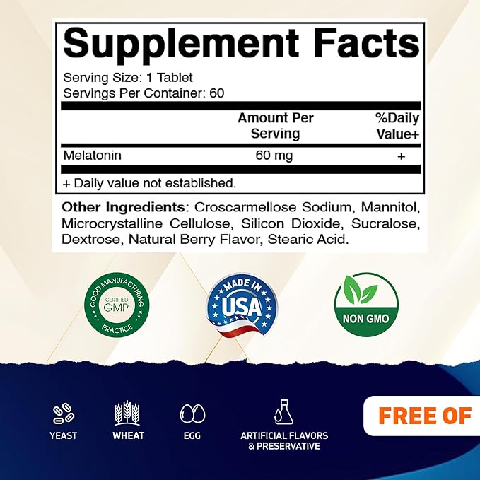 Vitamatic Melatonin 60 mg Fast Dissolve Tablets - 60 Vegan Natural Berry Flavor Tablets - Non-Habit Forming - Non-GMO Gluten Free (2 Bottles)