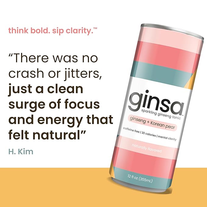 ginsa Sparkling Ginseng Energy Drink with Korean Red Ginseng | Natural Energy Booster | Non-GMO Supports Focus &amp Clarity with Pure Ginseng Root No Caffeine | 12 Pack | 12oz | Korean Pear Flavor