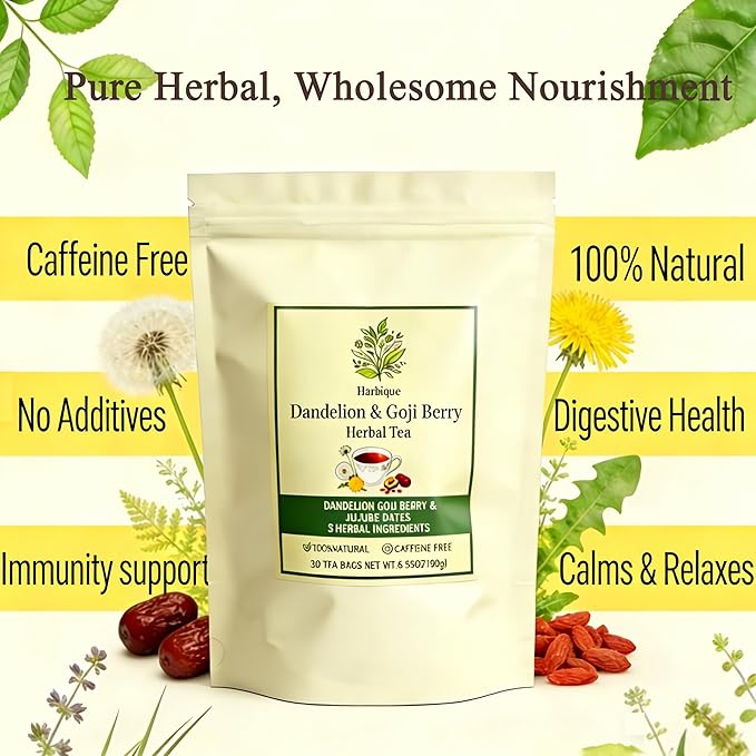 Harbique Dandelion Root Tea with Goji Berry &amp Jujube Dates Liver Cleanse &amp Detox Support Caffeine Free Herbal Tea for Immune Support &amp Gentle Energy 30 Pyramid Tea Bags