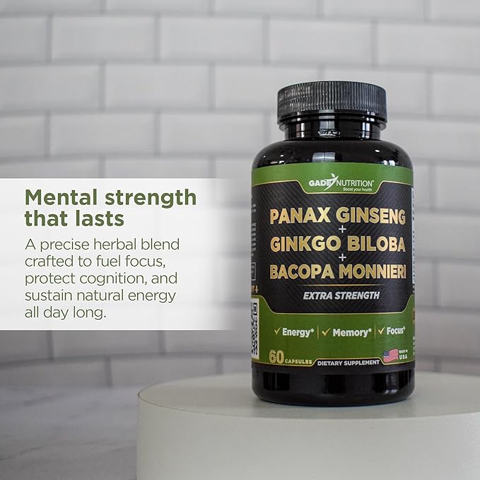 Gade Nutrition Ginkgo Biloba with Ginseng Supplement and Bacopa Monnieri | Brain Supplements for Memory and Focus with panax Ginseng &amp Ginko biloba Capsules - Memory Supplement for Brain