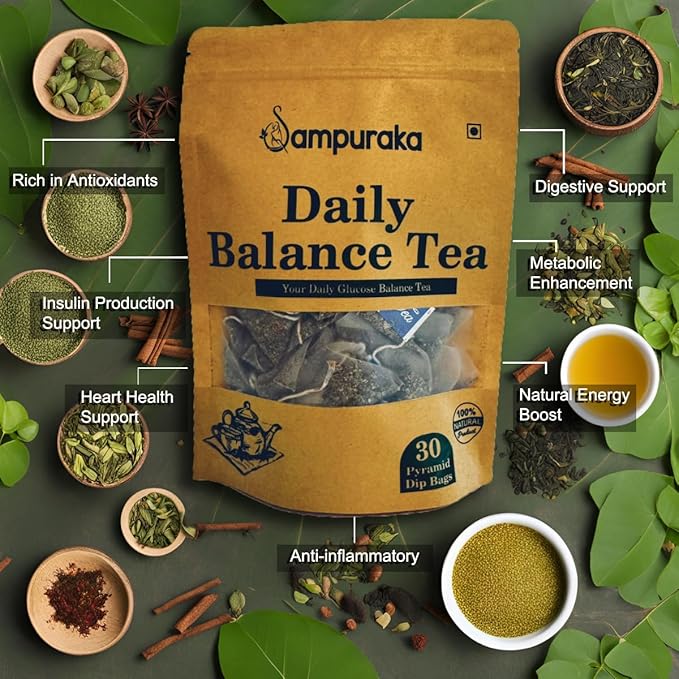 Daily Balance Tea - Natural Herbal Tea with Moringa Gymnema Jamun seeds Cassia Fenugreek Guava leaves Cinnamon - 30 Pyramid Tea Bags (1)