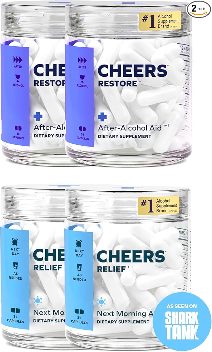 Cheers R&ampR Combo | Restore + Relief | Feel Better After Drinking &amp Support Your Liver | DHM L-Cysteine Milk Thistle Ginger White Willow Bark Caffeine L-Theanine | 24 Doses Each | Supplem