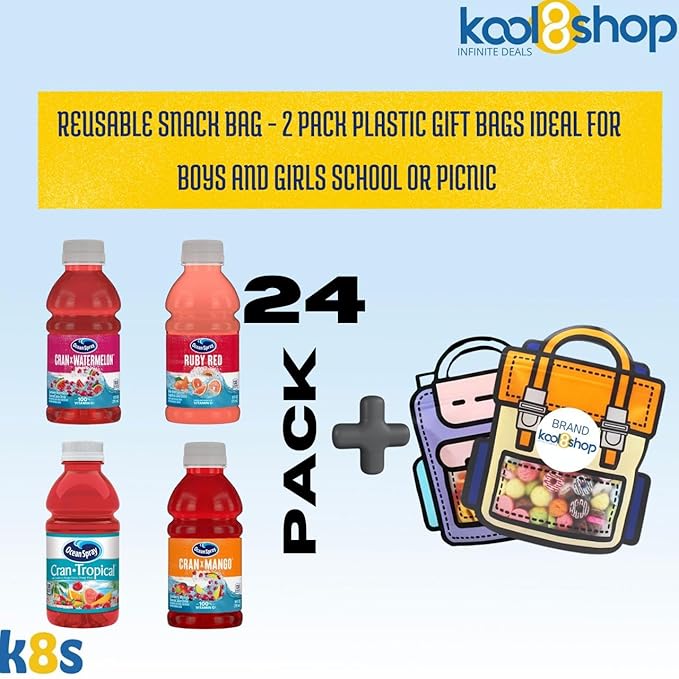 Ocean Spray Tropical Varied Fruit Juice Drink 10 fl oz Plastic Bottles 24 Pack + 2 Reusable Snack Bags by KOOL8SHOP Infinite Deals