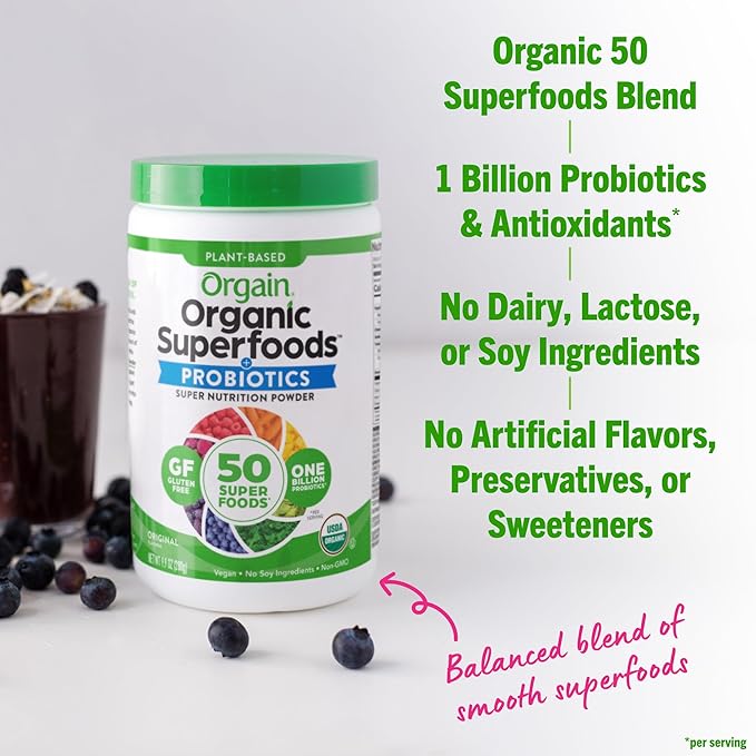Orgain Organic Greens Powder + 50 Superfoods Original - 1 Billion Probiotics for Digestive Health Antioxidants Vegan Plant-Based Gluten-Free Non-GMO Green Juice &amp Smoothie Drink Mix - 0.62l