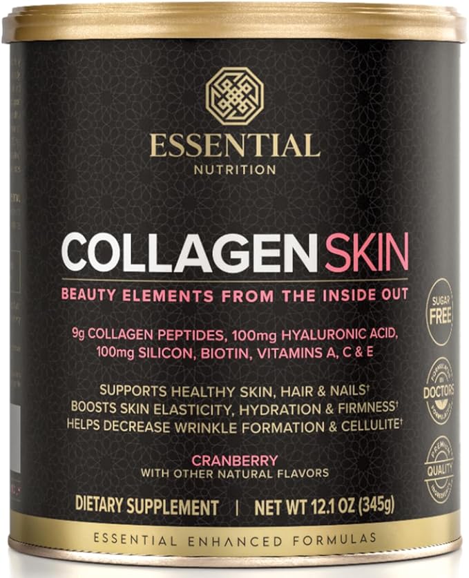 Essential Nutrition Collagen Skin - Hydrolyzed Collagen Peptides with Hyaluronic Acid Silicon &amp Biotin - Hair Skin &amp Nails - Cranberry - 11.9 oz (30 Servings)