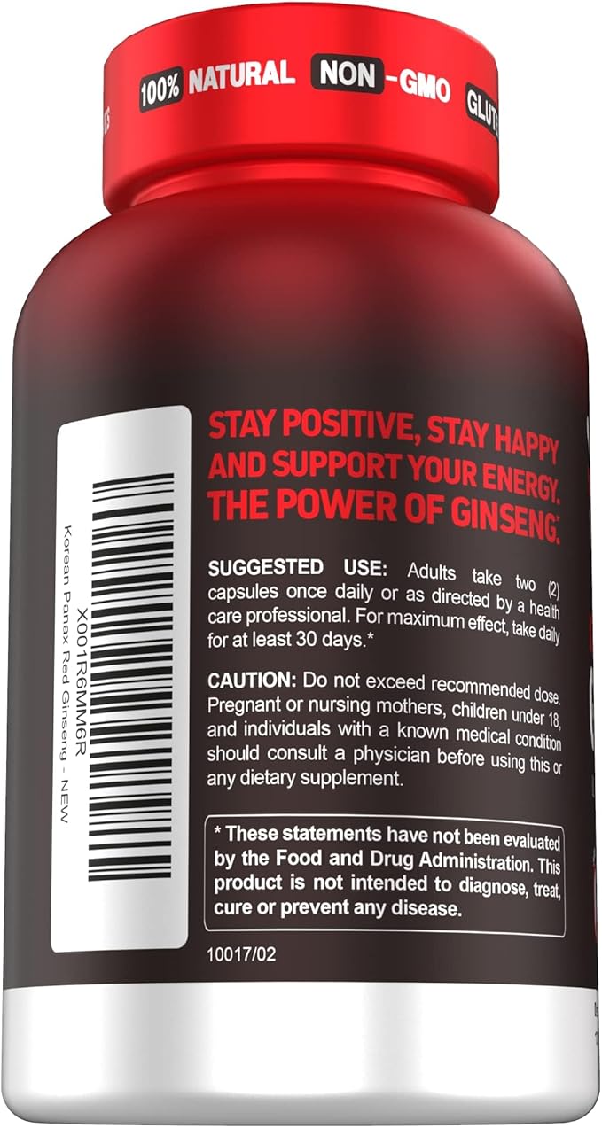Herbtonics Korean Red Panax Ginseng 1500mg - Energy Supplement for Peak Performance Focus &amp Vitality - High Potency Ginseng Root Extract - 120 Vegan Capsules