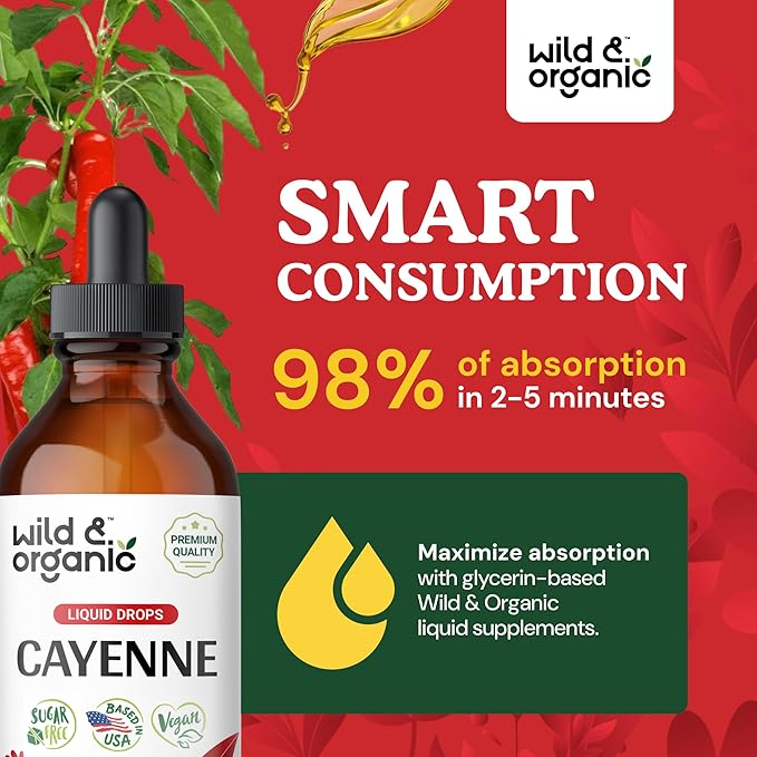 Wild &amp Organic Cayenne Pepper Tincture - Digestive Support with Capsaicin Extract - Cayenne Pepper Liquid Drops for Overall Well-Being - Vegan Sugar &amp Alcohol-Free - 4 fl oz