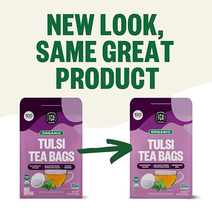 FGO Organic Tulsi Holy Basil Tea 100 Count Eco-Conscious Herbal Tea Bags Resealable Bag Caffeine Free Packaging May Vary (Pack of 1)