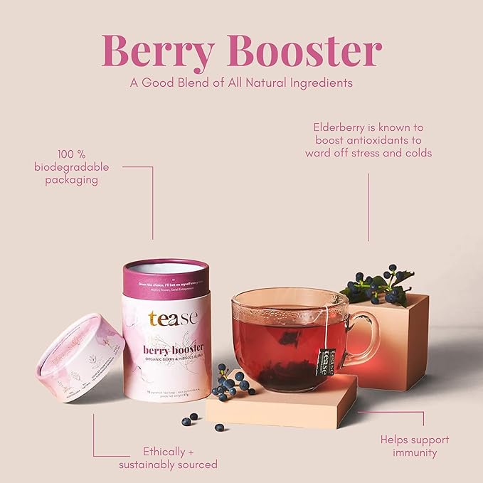 Tease Tea Organic Hibiscus Berry Booster – Elderberry Herbal Tea Caffeine-Free with Hibiscus Currant &amp Natural Flavors Supporting Daily Wellness and Vitality