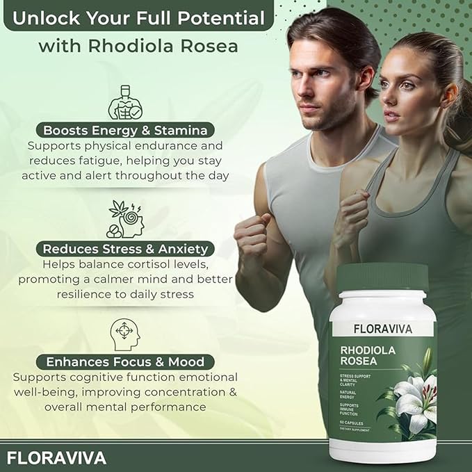 Rhodiola Rosea Capsules 500mg | Standardized for 3% Rosavins &amp 1% Salidroside | Supports Stress Relief Mental Focus &amp Natural Energy | Non-GMO Gluten-Free Supplement | 60 Capsules