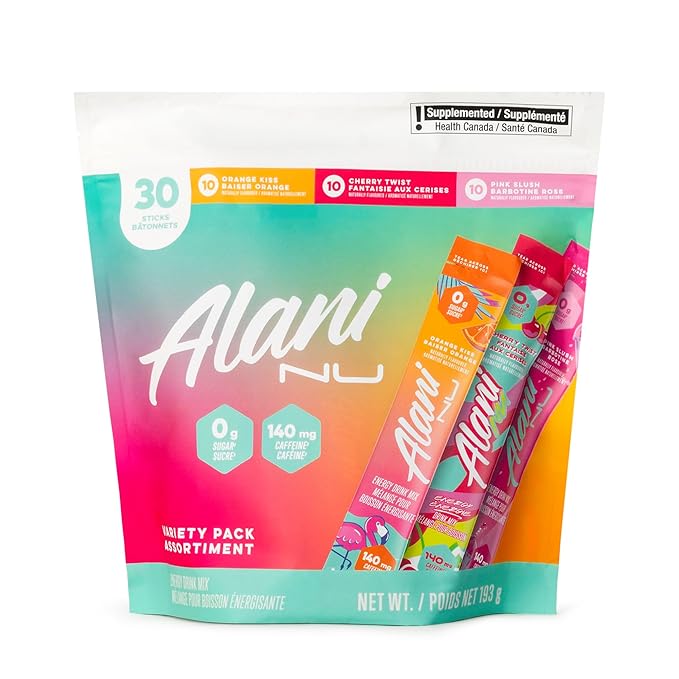 Alani_Nu Energy Drink Mix Variety Pack (30 Count. Value Pack) - 200mg Caffeine - 0g Sugar - Orange Kiss Cherry Slush &amp Pink Slush - Instant Powder Sticks