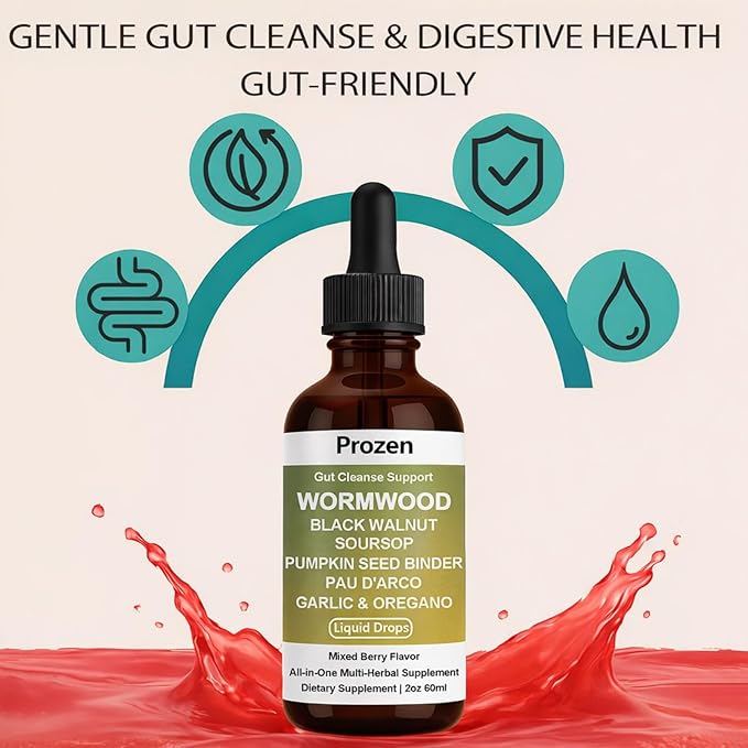 Prozen Wormwood Gut Cleanse Liquid Drops Nuvian Wormwood Black Walnut Clove Gut Cleanser for Adults with Soursop Pumpkin Seed Pau D'Arco Garlic Oregano Boosts Energy Health &amp Absorption2Oz