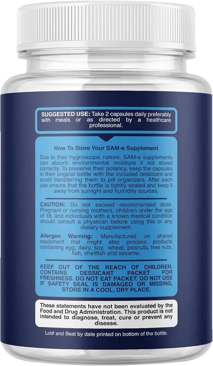 Pure SAM E Supplement 400mg - Nootropic SAM E 400mg Per Serving for Memory &amp Brain Support Joint &amp Liver Health - Natural S-adenosylmethionine for Mood Balance - 90 Count