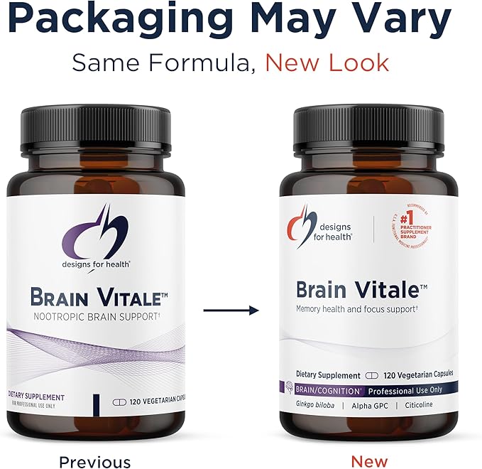 Designs for Health Brain Vitale with Cognizin Citicoline - 'Nootropic' Supplement to Help Support Cognition Mood + Memory with GPC Choline Ginkgo + Acetyl L Carnitine HCL (120 Capsules)