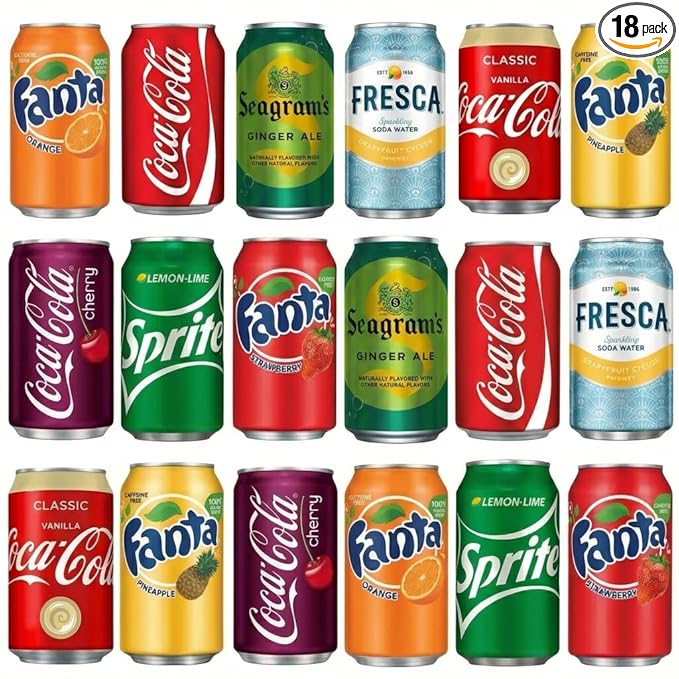 Soda Variety Pack 18PK – 9 Flavor Assortment of Coca-Cola Sprite Fanta &amp Seagram’s Ginger Ale – 12 oz Cans Mixed Soft Drinks for Parties Office Home &amp Events