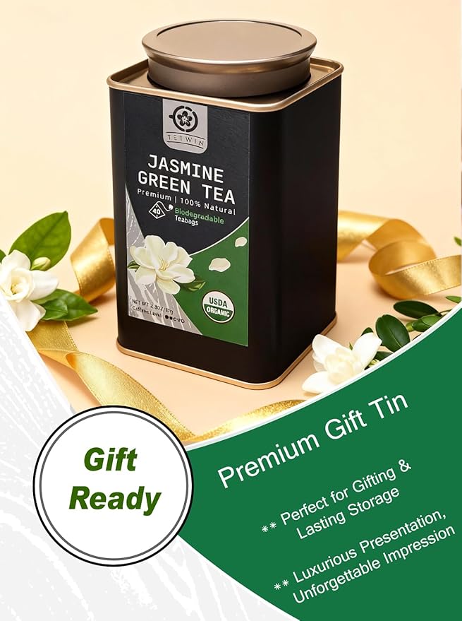 TETWIN Jasmine Green Tea Bags 40ct Resealable Tin – Organic Loose Leaf Tea Scented with Fresh Jasmine Flowers USDA Organic Full Leave Teabags Light Caffeine Naturally Aromatic
