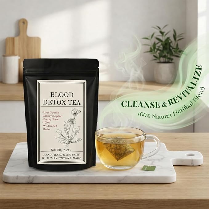 30 Bags Jamaican Healing Garden Blood Detox Tea Chef Tijani Blood Detox Tea Hand Picked and Sun-Dried Wildcrafted Herbs With Guaco Burdock Root Oregano Cinnamon Moringa Caffeine Free (30bags)