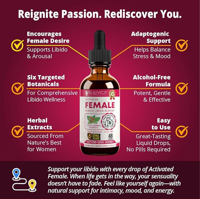 Rejuvica Activated Female Libido Booster Drops for Women | Maca Horny Goat Weed Damiana &amp Ashwagandha | Supports Desire Intimacy &amp Overall Wellness | 1+ Month Supply