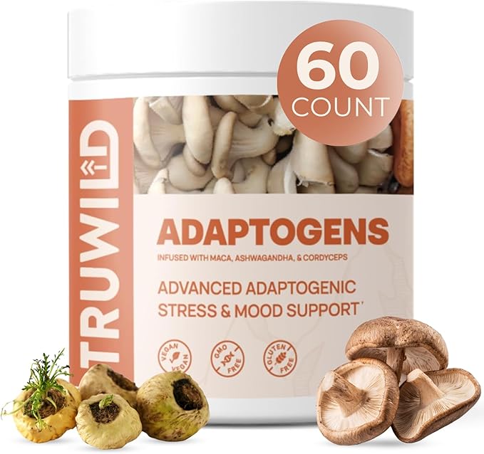 TruWild Adaptogen Blend with Cordyceps Maca Ashwagandha - Full Spectrum Mushroom Blend for Daily Support and Function All Natural Formula with 7 Key Ingredients 60 Capsules