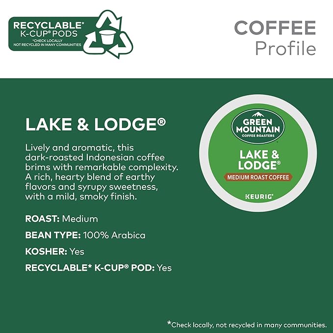 Green Mountain Coffee Roasters Lake and Lodge Blend Keurig Single-Serve K-Cup pods Dark Roast Coffee 60 Count (6 Packs of 10)